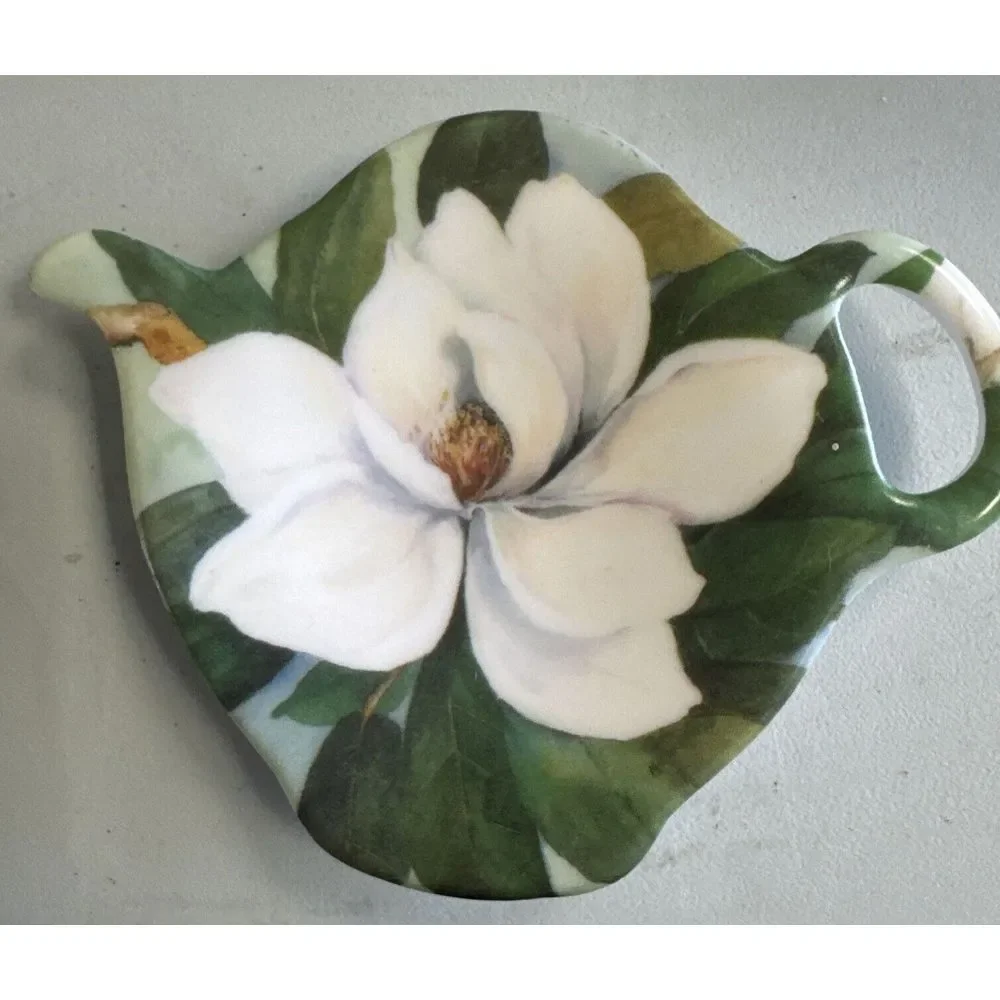 Melamine Tea Bag Holder Teapot Tea Pot Shape Magnolia White Flower Made In Italy